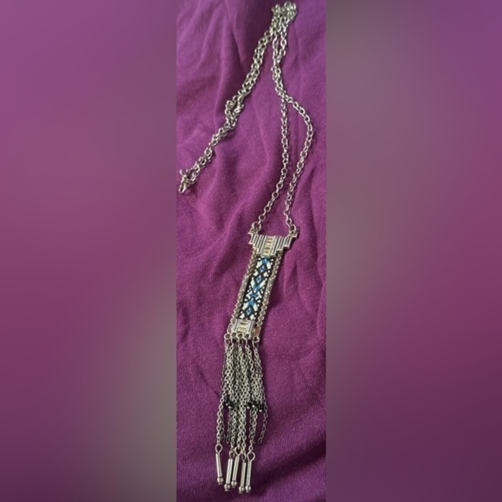 Silver Necklace with Blue Accents Tassel